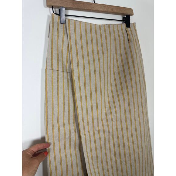 KUHO Korean Designer Wrap Midi Skirt in Beige & Yellow Stripes - Picture 2 of 7